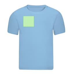 A blue children's t-shirt featuring a green square patch on the front; includes a logo.