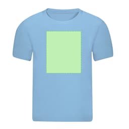 A blue short-sleeve T-shirt with a blank green patch for custom designs. Features a logo on the label.