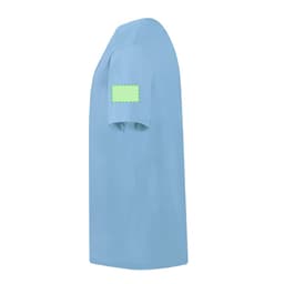 A light blue kids' t-shirt featuring a blank patch on the sleeve and a round neck design.