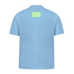 A light blue kids' t-shirt featuring a blank rectangular area on the back for customisation.