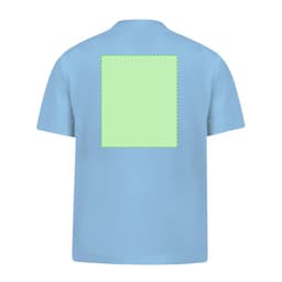 A light blue children's t-shirt featuring a plain green square on the back and a logo on the front.