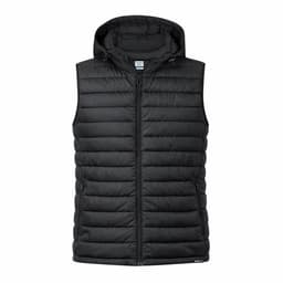 A black padded vest with a hood and zip front, featuring side pockets and a logo.