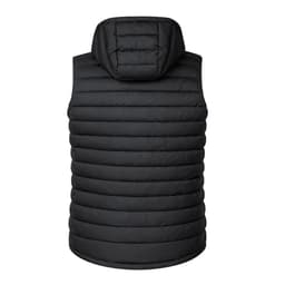 A black padded vest with a hood, featuring quilted design and no sleeves. It has a simple branding logo.
