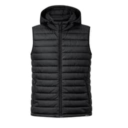 A black puffer vest with a hood, featuring a zip front and side pockets. It has a logo on one side.