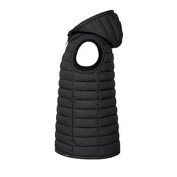 A black padded vest with a hood, featuring armholes and a zip closure. It has a logo on the garment.