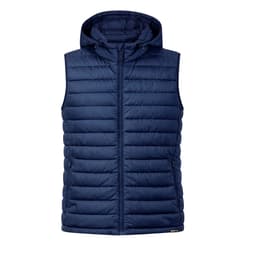 A navy blue padded vest featuring a hood and zippered pockets, with a logo on the front.