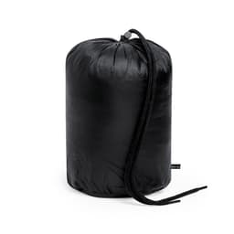 A black puffer jacket compressed into a cylindrical shape, featuring a drawstring closure.