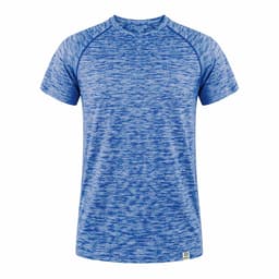 A blue short-sleeved T-shirt with a textured pattern and a logo on the hem.