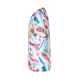 A side view of a colourful T-shirt featuring a geometric pattern in pink, blue, orange, and beige tones.