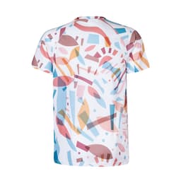 A T-shirt featuring an abstract design with various shapes and colours, predominantly in pastel shades. It has a logo on the back.