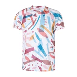 A short-sleeved t-shirt with a colourful abstract pattern featuring shades of blue, pink, and brown. It has a logo.