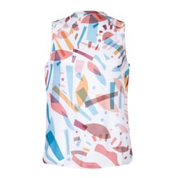 A sleeveless Katsu T-shirt featuring an abstract pattern in shades of pink, blue, and white. The shirt has a logo.