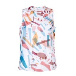 A sleeveless Katsu T-Shirt featuring an abstract pattern in pink, blue, and cream tones. It has a logo on the label.