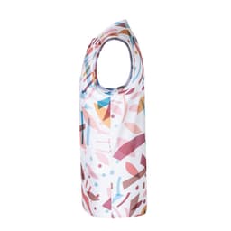 A T-shirt featuring a colourful abstract pattern in shades of pink, blue, and orange, with a sleeveless design.