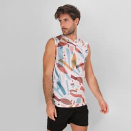 A sleeveless Katsu T-Shirt featuring an abstract multicoloured geometric pattern, paired with black shorts.