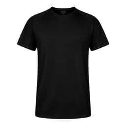 A black T-shirt featuring short sleeves and a simple design, with a logo on the neckline.