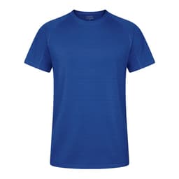 A blue t-shirt with short sleeves, featuring a simple design and a logo on the label.