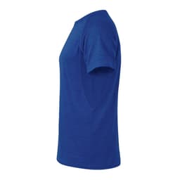 A blue T-shirt with short sleeves and a side view, featuring a simple design and a logo.