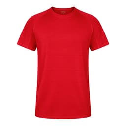 A red T-shirt with a simple design and a logo. Made from lightweight fabric, featuring short sleeves.