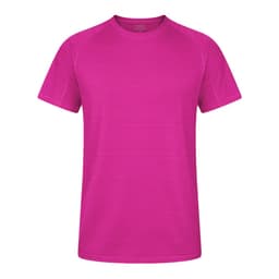 A pink T-shirt with a crew neckline and short sleeves, featuring a subtle pattern and a logo.