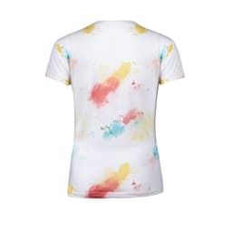 A women's T-shirt featuring a colourful splatter design in pink, blue, and yellow against a white background.