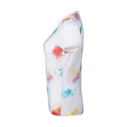 A white women’s t-shirt with a multicoloured tie-dye pattern featuring red, yellow, and blue splashes.