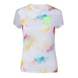 A white women's t-shirt featuring a colourful abstract pattern with splashes of yellow, red, and blue. It has a logo area.