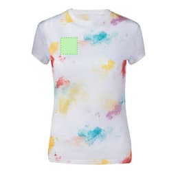 A white women’s T-shirt featuring a colourful abstract design in pastel shades of blue, pink, and yellow. It has a logo.