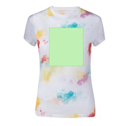 A women’s T-shirt featuring a white base with multicoloured splashes in red, yellow, and blue. It has a logo.