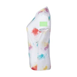 A women's t-shirt in white with a colourful tie-dye pattern featuring shades of red, blue, and yellow. It has a logo space on the sleeve.