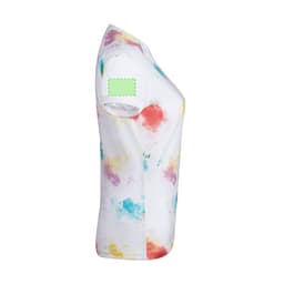 A women's T-shirt in white with a colourful tie-dye pattern featuring hues of red, yellow, and turquoise. It has a logo on the sleeve.
