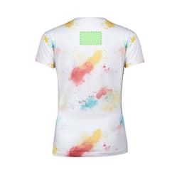 A women's T-shirt featuring a white base with a colourful splatter design in red, yellow, and blue. It has a logo on the back.