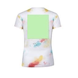 A women's T-shirt featuring a tie-dye design in pastel colours with a plain green area on the back.