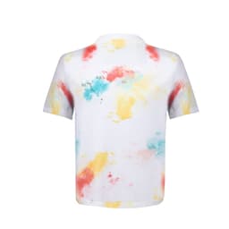 A kids' T-shirt featuring a white background with colourful splashes of red, blue, and yellow. It has a logo on the front.