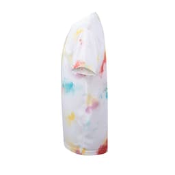 A white kids' t-shirt with a colourful tie-dye pattern in shades of red, blue, and yellow. It has a logo on it.