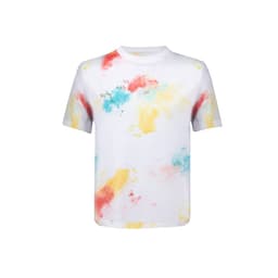 A white kids' t-shirt with a colourful splash pattern in red, yellow, and blue, featuring a logo.