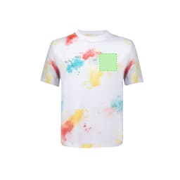 A white kids' t-shirt featuring a tie-dye splash pattern in red, blue, and yellow, with a green square.
