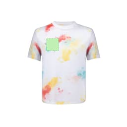 A white children's t-shirt featuring a colourful splash design in red, yellow, and blue, with a logo.