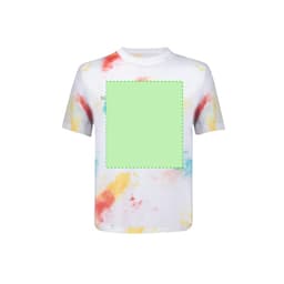 A white kids' T-shirt featuring a tie-dye pattern in red, yellow, and blue, with a blank green area for custom designs.