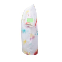 A white tie-dye kids' T-shirt featuring multicoloured splashes and a logo on the sleeve.