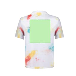 A children's white T-shirt featuring a colourful splash design in red, blue, and yellow. It has a logo on the back.