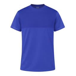 A blue T-shirt with short sleeves and a simple design. It has a logo on the label.