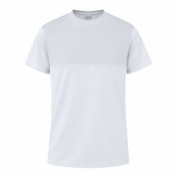 A white T-shirt with a plain design and a logo on the label. Short sleeves and a classic crew neck style.