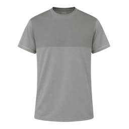 A lightweight grey T-shirt with a textured finish and a logo on the front, designed for casual wear.