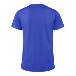 A blue T-shirt displayed from the back, featuring a smooth fabric texture and a simple design.