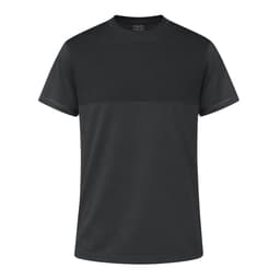 A black T-shirt with a crew neck and short sleeves, featuring a plain design and a logo on the label.