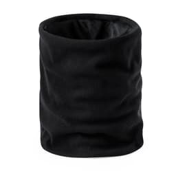 A black ribbed scarf featuring soft fabric and a simple design. It has a logo displayed on the side.