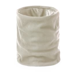 A cream-coloured scarf accessory with a soft, textured finish. It features a simple design and has a logo.