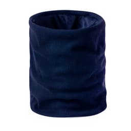 A navy blue scarf featuring a ribbed texture and a logo.