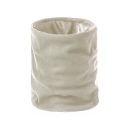 A cream-coloured scarf with a textured, ribbed design, featuring a logo on one side.
